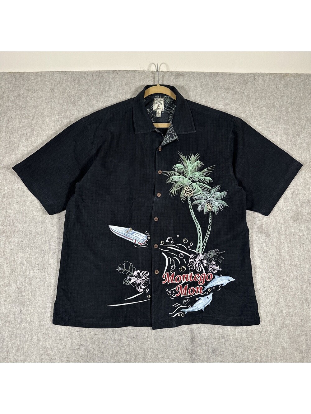 Montego Mon Silk Shirt XL Black Hawaiian SS Button Up Loop Collar Embroidered